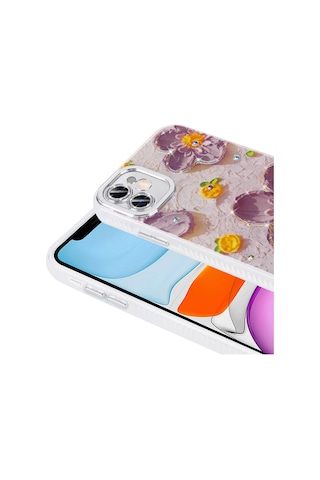 Goocamp Apple Uyumlu iPhone 11 Kılıf Çiçek Desenli Parlak Taşlı Sert Silikon Garden Kapak - Pembe Pembe Açık