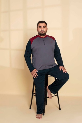 Erkek Büyük Battal Beden Desenli 3 Düğmeli %100 Pamuk Mevsimlik Uzun Kol Cepli Pijama Takımı Koyu Gri