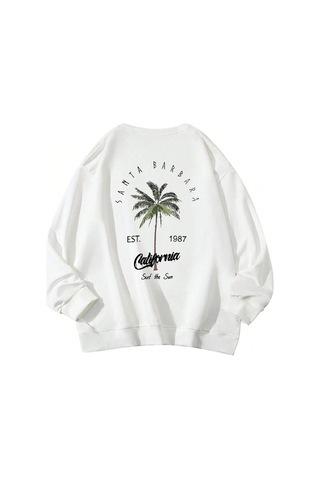 Santa Barbara Kışlık Kalın Sweatshirt - Beyaz Baskılı Oversize Kalın Kışlık Bisiklet Yaka Beyaz