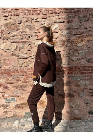 Ge Ticaret Kadın Kahve Kapşonlu Etek Ucu Detay Arma Ters Dikiş Gorunumlu Ikili Takım Kahve