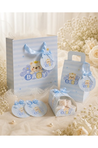 Mavi Ayıcıklı Hoşgeldin Bebeğim Hediyelik Seti, Baby Shower Ve Doğum Günü İkram Seti,7 Ürün-48 Parça 0 - 20 Ay