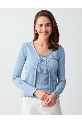 Jimmy Key Jimmy Key Mavi Çiçek Nakışlı V Yaka Uzun Kollu Örme Hırka 6sw105509400