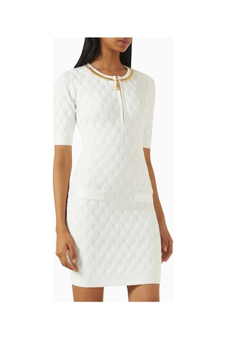 Elit Elisabetta Franchi Diamond Trim Jakar Triko, Metal Detaylı Mini Elbise Abiye Beyaz 44
