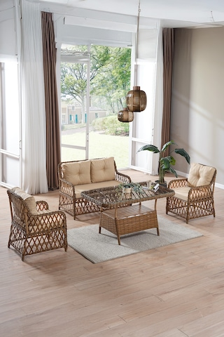 Roma Rattan Bahçe Balkon Takımı 2+1+1 Cam Masalı Kahve Kahverengi