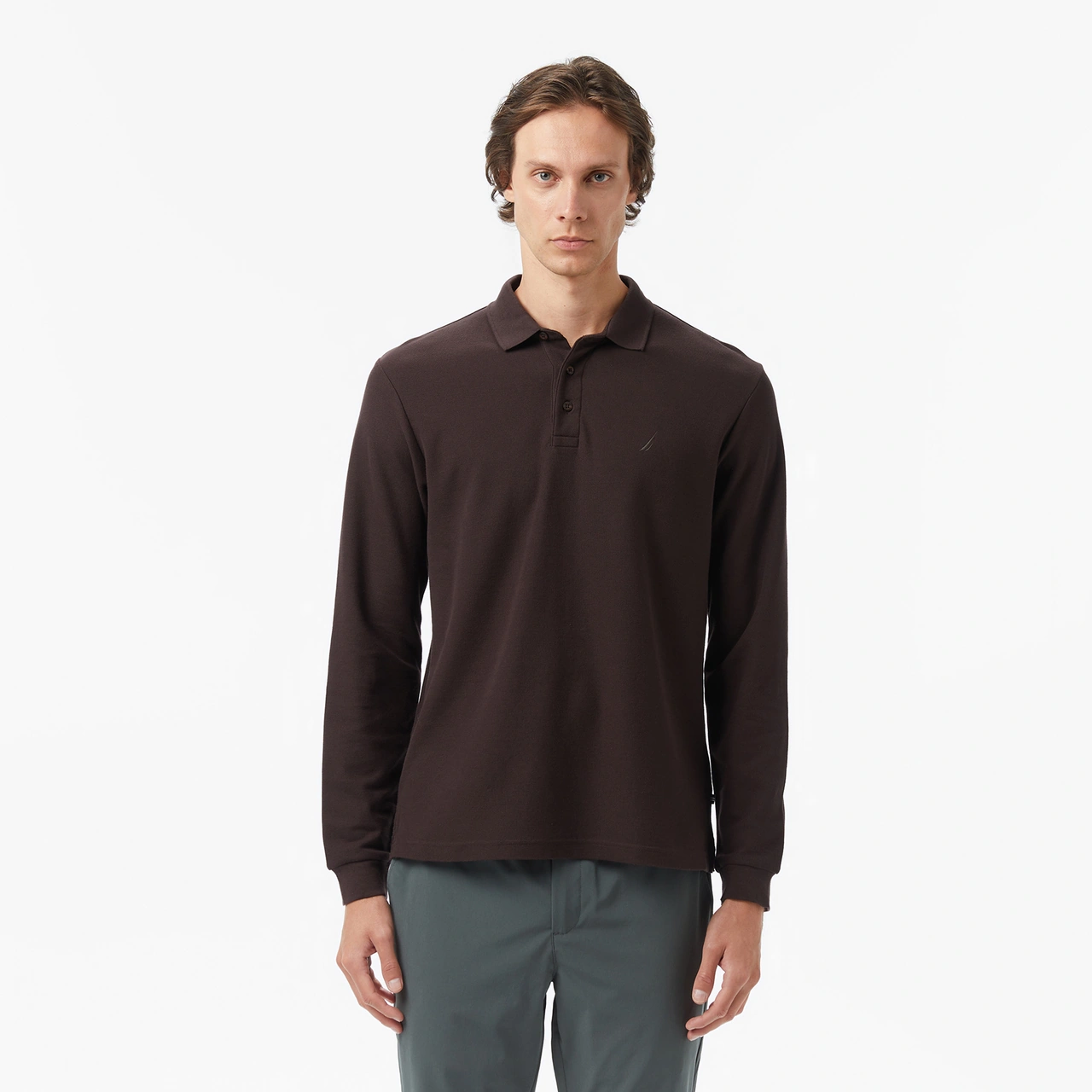 Nautica Erkek Kahverengi Classic Fit Uzun Kollu Polo Yaka T-shirt Düz K57351t Kahverengi