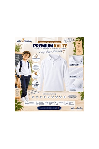 Kidsmadamiko Kız Çocuk Kız Çocuk Polo Yaka T-shirt Uzun Kollu Manşetli %100 Beyaz