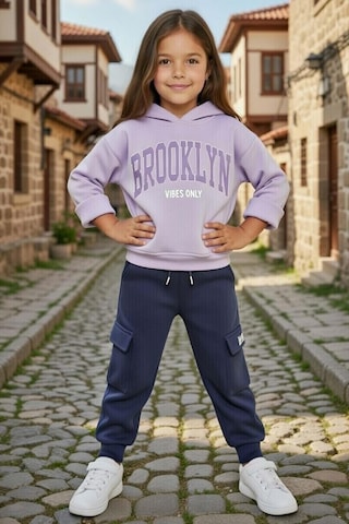 Riccotarz Kız Çocuk Göğsünde Brooklyn Yazı Baskılı Ve Kanguru Cepli 3 İplik Lila Eşofman Takım Lila