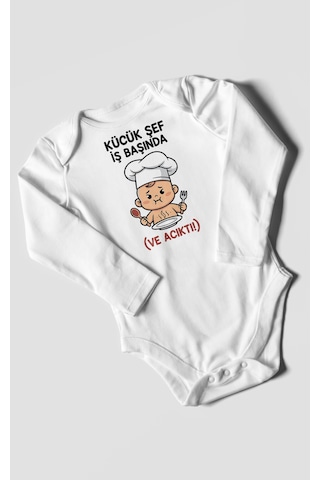 Küçük Şef İş Başında Ve Acıktı Baskılı Bebek Zıbını Çıtçıtlı Body 8 Renk %100 Pamuk Uzun Kol Beyaz