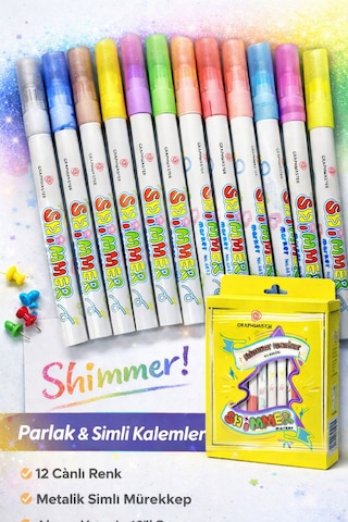 Shimmer Marker 12 Li Simli & Parlak Renkli Keçeli Kalem Seti