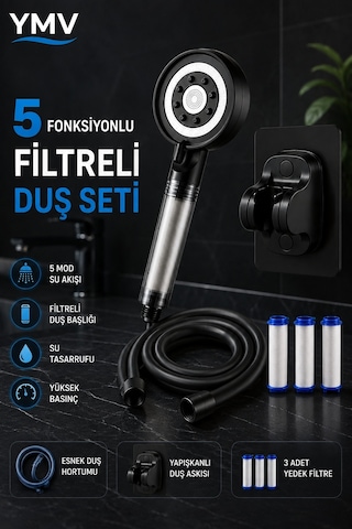 Ymv Filtreli Duş Başlığı Seti 150 Cm Pvc Hortum Ayarlanabilir Duş Askısı 3 Lü Banyo Seti Siyah