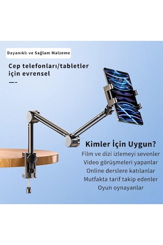 Polham Teleskopik Masaüstü Ve Yatak Bazası İçin Telefon Ve Tablet Tutucu Stand, Yükseklik Ve Açı Ayarlı Tablet Tutucu Siyah