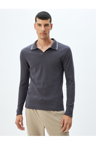 Koton Slim Fit Tişört Uzun Kollu V Yaka Polo Pamuklu Antrasit 5wam10197hk Antrasit