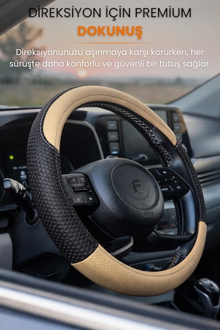 Direksiyon Kılıfı Universal Geçmeli Oto Direksiyon Kılıfı Premium Deri Kaymaz Terletmez - Flx6 Siyah -Bej