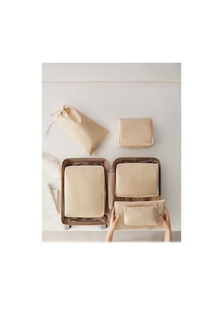 Ocean Home Textile 6'lı Bej Balıksırtı Bavul İçi Düzenleyici Set