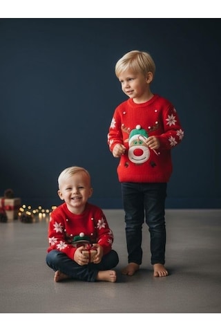 Zekids Çocuk Yılbaşı Temalı Geyikli Kırmızı Kazak-16583 Kırmızı Yeşil