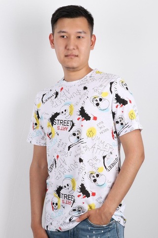 Rich Erkek Bisiklet Yaka Baskılı T-shirt %100 Pamuk Tişört Beyaz