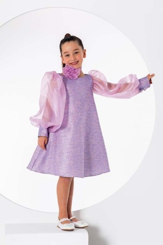 Riccotarz Kız Çocuk Çiçekli Boyunluk Hediyeli Şeffaf Karpuz Kollu Üzeri Simli Lila Elbise Lila