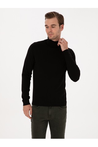 Cacharel Siyah Slim Fit Balıkçı Yaka Pamuk Karışımlı Basic Triko Kazak