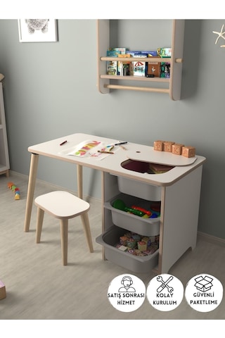 Çocuk Oyun Ve Aktivite Masası - 1 Tabure - Gri Sepetli Beyaz-gri Beyaz - Gri