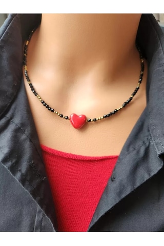 Spinel Ve Hematit Taşı Kalp Kolye Çok renkli