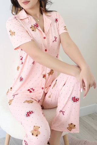 Modi Milan Kumaş Düğmeli Pijama Takımı Pudra - 750.1287. Açık Bej - Siyah