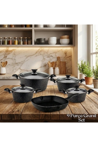 9 Parça Granit Set Cam Kapak - Siyah Siyah