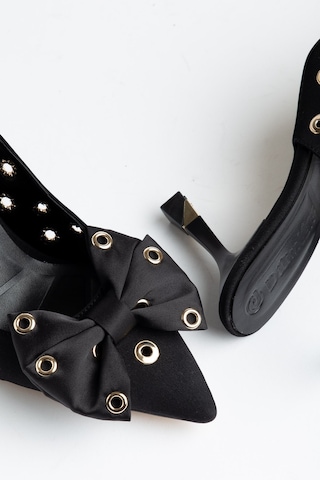 Kadın İnce Topuklu Stiletto Siyah Saten Fiyonklu-4689 Siyah
