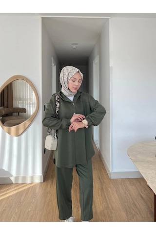 Lena Modal Kumaş Çıt Çıt Detaylı Kadın Tesettür İkili Takım Haki