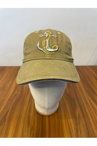 Hamze Çapa Nakışlı Denizci Yıkamalı Vintage Eskitme Unisex Cap Şapka Bej