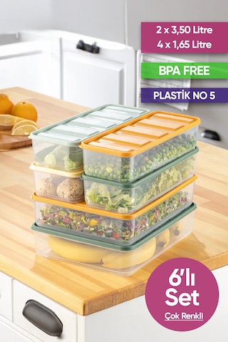 Vinoa 6'lı 2x3.5 Litre + 4x1.65 Litre Bpa Free Mikrodalga Ve Difrize Uygun Yıkanabilir Saklama Kabı Çok Renkli