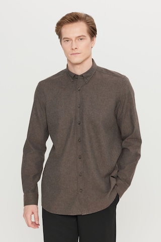 Altınyıldız Classıcs Erkek Kahverengı Pamuklu Slim Fit Dar Kesim Düğmeli Yaka Diagonal Desenli Flanel Gömlek Kahverengi