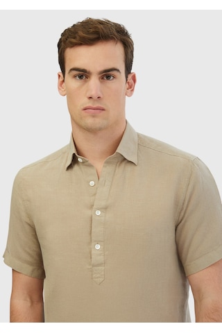 Ramsey Vizon Düz Casual Fit Kısa Dokuma Casual %100 Keten Gömlek vizon mink