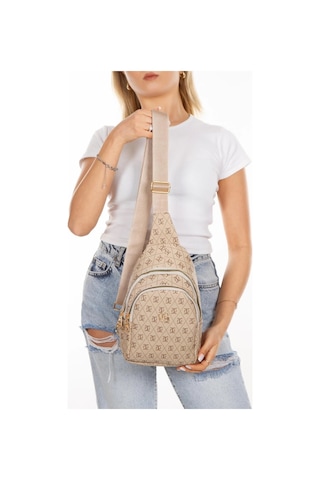 Newish Polo Kadın Bej Deri Monogram Desenli Çapraz Bel Göğüs Ve Omuz Çantası New218 Bej-taba
