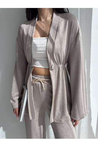 Kadın Simli Uzun Kol Modal Kumaş Kimono Pantolon İkili Takım Şık Ve Rahat Kadın Takım Bej