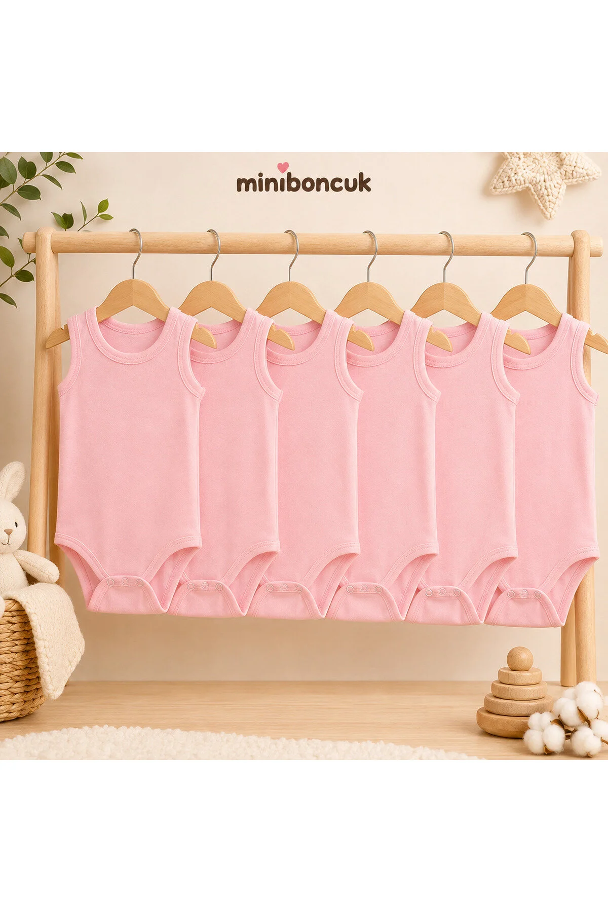 Mini Boncuk %100 Pamuk 5 Li Pembe Askılı Bebek Body Atlet Seti