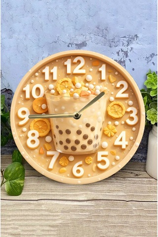 Zamanın Tadı Bubble Tea Temalı Sessiz Yuvarlak Ahşap Duvar Saati, Kuvars Coffe Desen 2d Sdw2014 Renkli