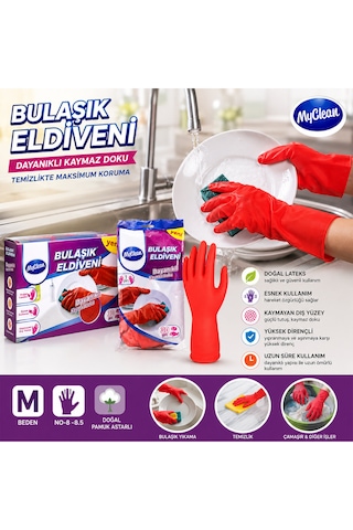 2 Çift 4 Adet Temizlik Ve Bulaşık Eldiveni Medium No:8-8.5 Pamuk Astarlı Kaymaz Dayanıklı Ev Temizlik Eldiveni