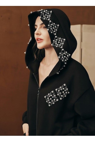 Afri Lüks İnci Detaylı Taş Dizimli Kapüşonlu Siyah Eşofman Takımı Fermuarlı Sweatshirt & Pantolon Takım Siyah