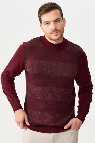 Erkek Yarım Balıkçı Yaka Önü Desenli Kazak Bordo Bordo