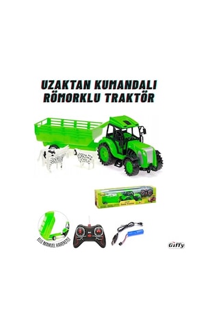 Giffy/uzaktan Kumandalı Römorklu Traktör Şarjlı Full Fonksiyon Çiftlik Hayvanı Odun li 3 Renkli Yeşil