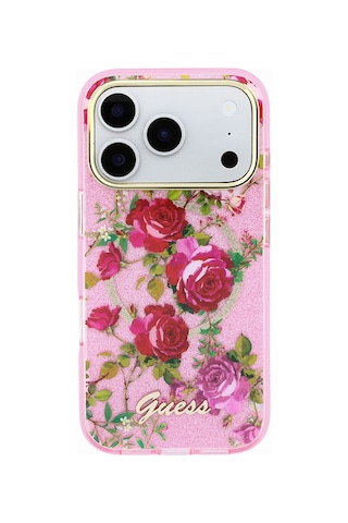 Apple iPhone 18 Pro Uyumlu Kılıf Guess Lisanslı M-safeli Gül Desenli Simli Yazı Logolu Kapak Pembe