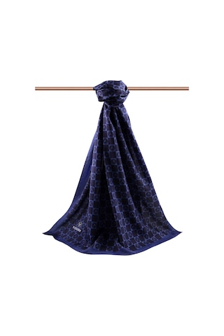 Vissona Lüks Medine İpeği Monogram Desenli Lacivert - İndigo Renkli 75x195 Kırışmaz Şal Moss Krep Dikiş Tipi İtalyan Dikişli Çok Renkli