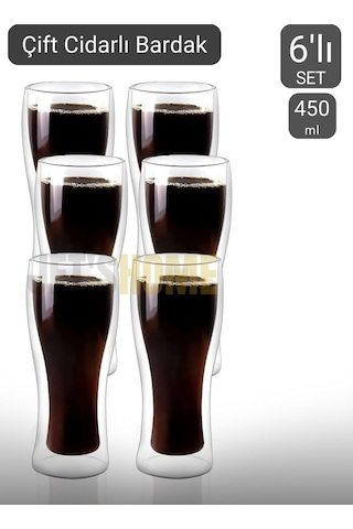 6 Lı Set Bira Bardağı Kahve Bardağı Çift Cidarlı Bardak Meşrubat Bardağı 420 Ml Şeffaf