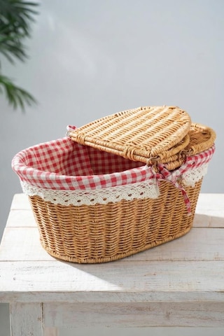 Digithome Kapaklı Rattan Vintage Dantelli Oval Piknik Sepeti -9t13 U/5 Kahverengi