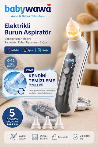Babywawa H-031 Şarjlı Kendini Temizleyen 5 Kademe Burun Aspiratörü 0-12 Yaş Işıklı Müzikli Nazal Aspiratör