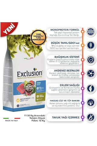 Exclusion Monoprotein Düşük Tahıllı Ton Balıklı ve Narlı Orta Irk Yetişkin Köpek Maması 12 KG