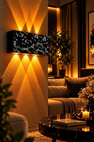 Siyah Gümüş Desenli 12w 2200k Amber Işıklı 3 Gözlü Yukarı Aşağı Dekoratif Duvar Apliği 16 Cm Amber Işık