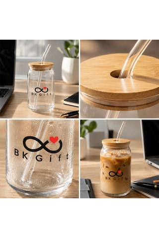 Logonuza Özel 10 Adet Bambu Kapaklı Pipetli Cam Bardak 540 Ml Şeffaf