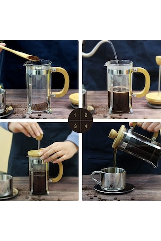 Ahşap Detaylı 600 Ml Cam French Press Çok Renkli