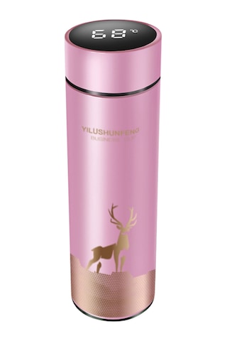 Moveevo 500ml Güneşgözu Desenli Akıllı Isı Ölçer Termos Bardak - Dokunmatik Ekran, Çelik İç/ Dış, Damlacık Önleyici Pil Değiştirilemez Pembe